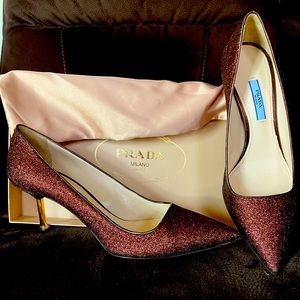 Prada Burgundy Glitter Pointed-Toe Heels with Gold Heel
